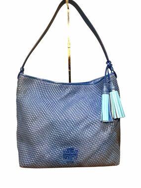 TORY BURCH Thea blue Woven Leather Shoulder Bag with Tassels 🩵💙